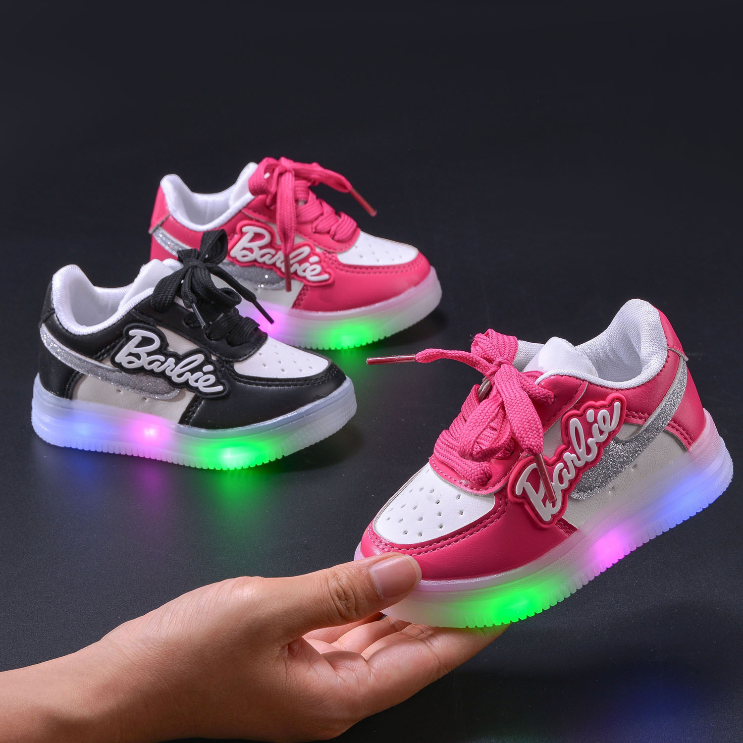 Girls' Letter Luminous Shoes 2024 Spring New Girls' Soft-soled sneaker-sided Casual Children's Lights Shoes