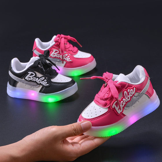 Girls' Letter Luminous Shoes 2024 Spring New Girls' Soft-soled sneaker-sided Casual Children's Lights Shoes