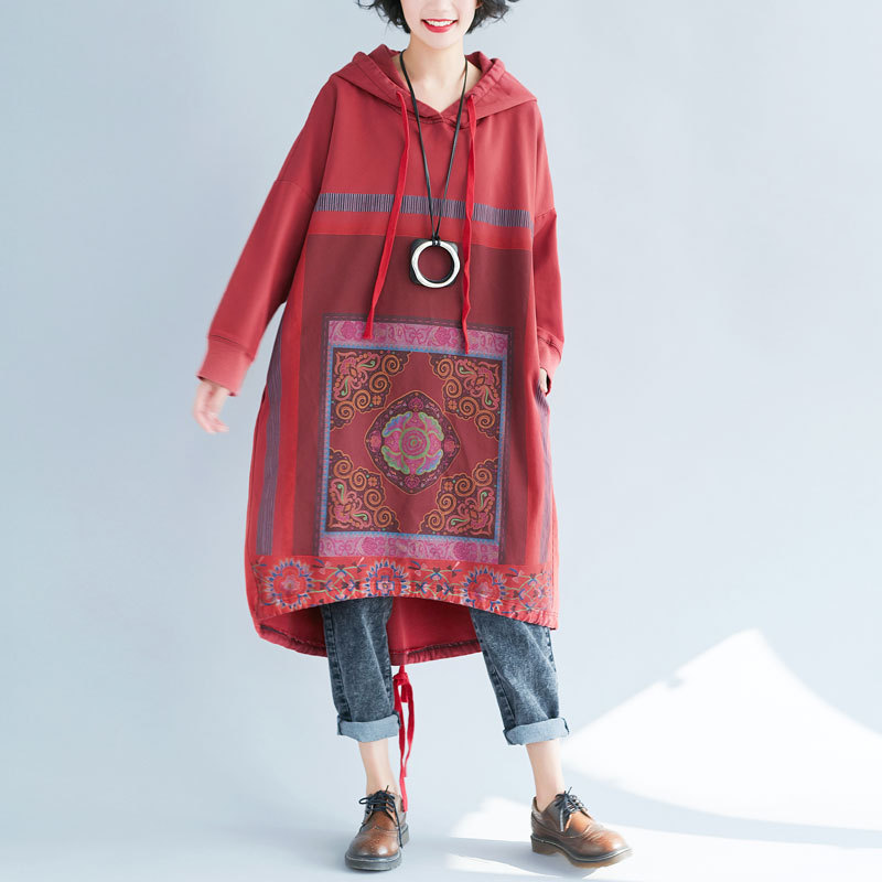 2023 Spring Hooded Sweater Loose Women's Large Size Casual Printed Long Dress Gradient Irregular Wandering