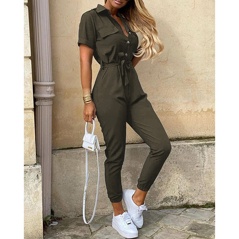 eBay Summer Amazon 2023 European and American Women's Trousers Casual Lapel Buckle Printed Belt Overalls