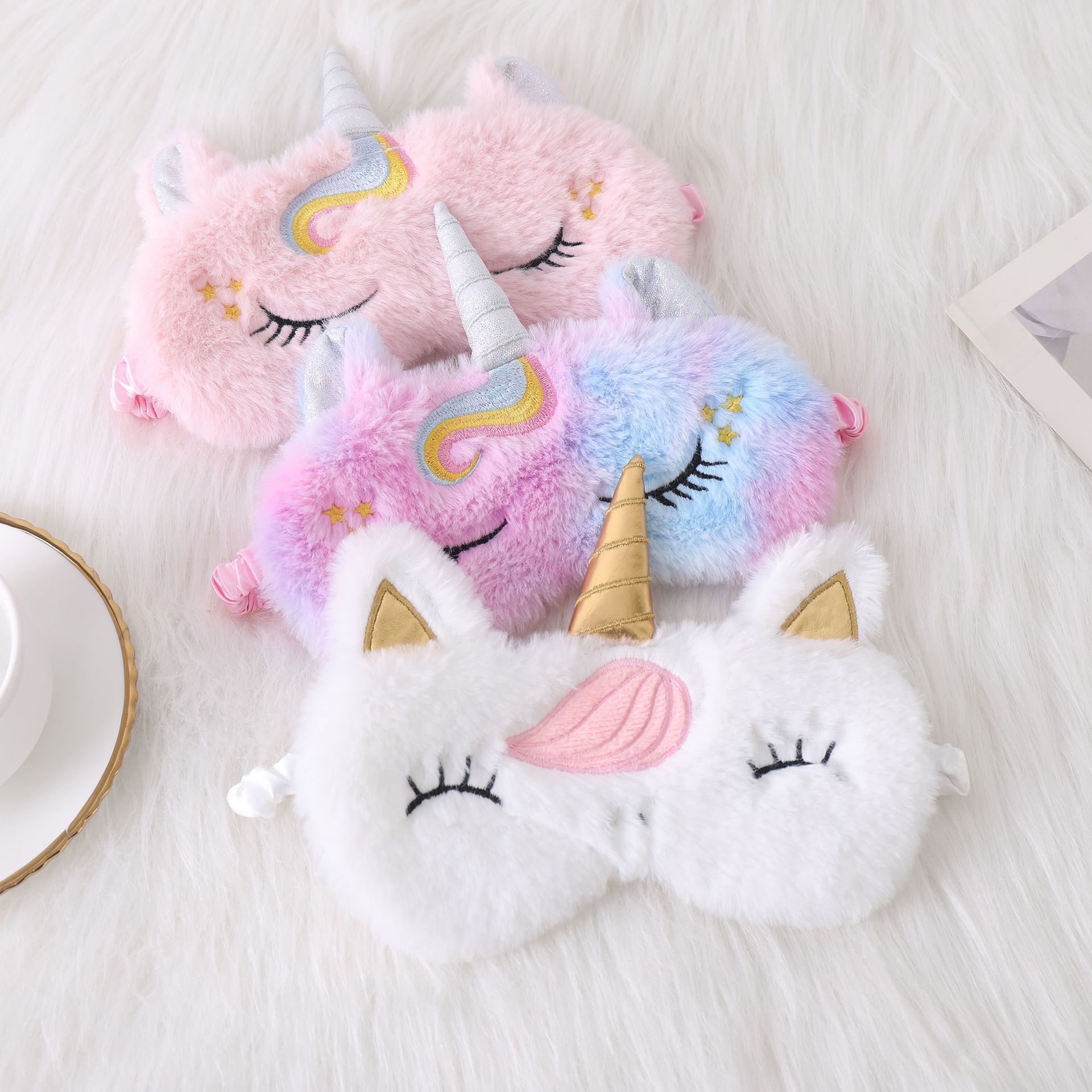 跨境可愛小兔毛刺繡毛絨眼罩遮光睡眠護眼獨角獸耳朵萌眼罩