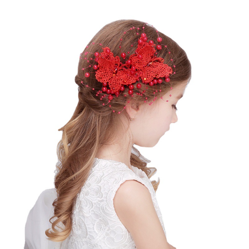 Children's Wedding Dress Headdress Flower Children's Hair Accessories Side Clip Children's Dress Headdress Bow Hairpin Dance Performance Jewelry