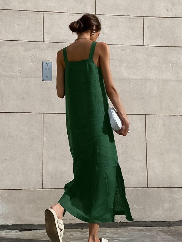 2024 New French Style Long Dress Cotton Linen Sleeveless dress Women's Summer Sexy Green Split Straight Slip Skirt
