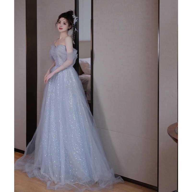 Evening Dress High-end Sense 2025 New Style Blue Banquet Elegant Light Luxury Vocal Art Test Host Gao Ding Birthday Dress