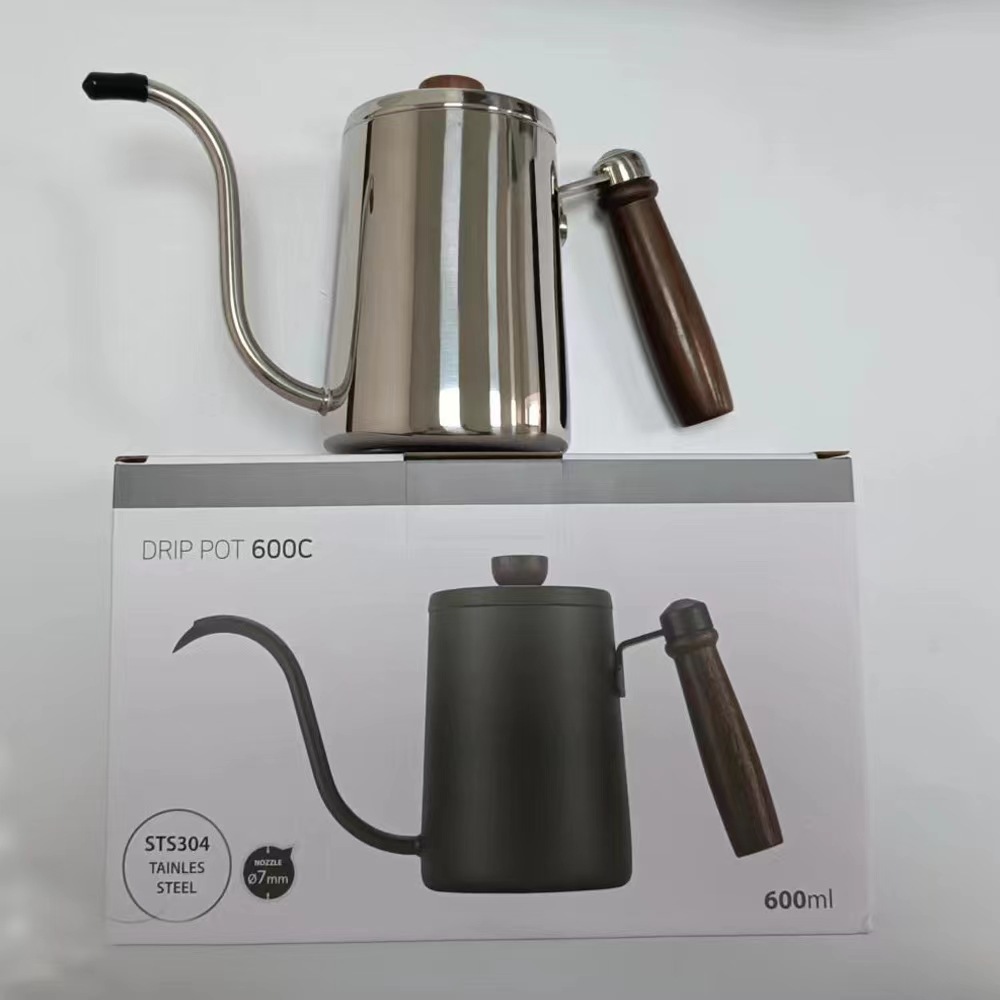 Stainless steel hand coffee pot with scale wooden handle 304 Teflon household commercial thin mouth hand drip filter pot