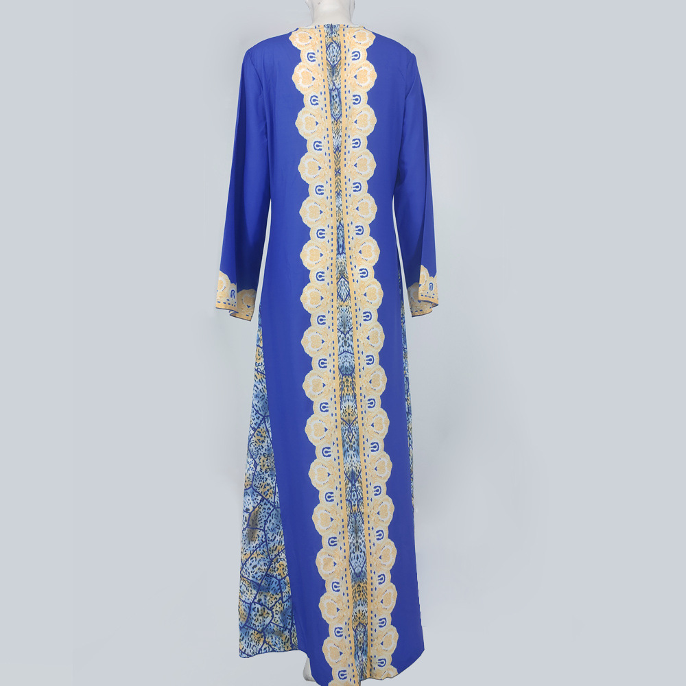 Cross-border New Women's Long-sleeved Dress Skirt Middle East Ethnic Print Muslim Robe Europe and America Dubai dress