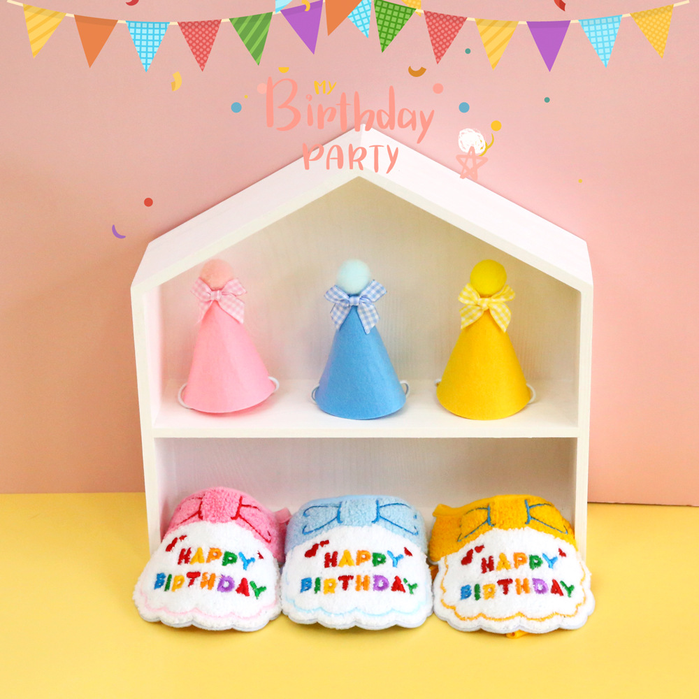 Pet Cat Teddy Dog Embroidered Birthday Party Bow Bib Spit Towel Scarf Hat Set Accessories