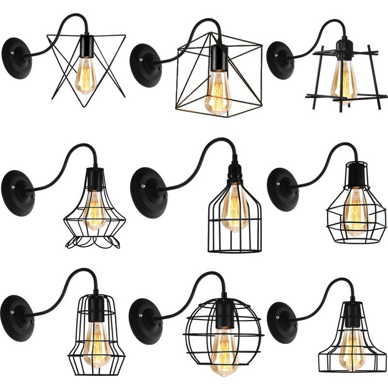 Nordic retro aisle bedside industrial style single-head stairs balcony net bar restaurant iron geometric creative wall lamp