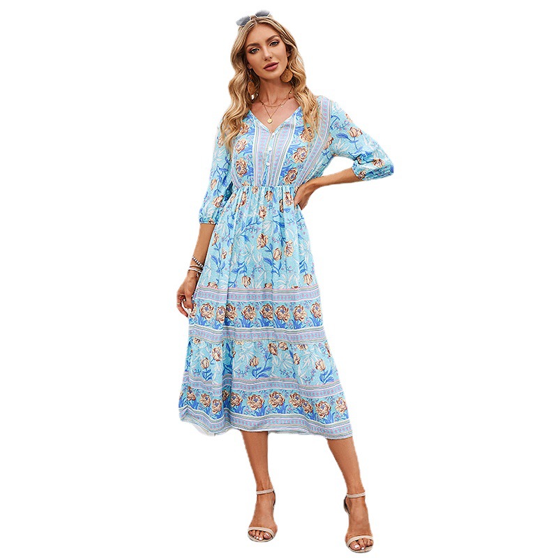 Amazon 2022 Autumn and Winter New Bohemian Cotton Long A- line Dress European and American Women's High Waist Dress for Women