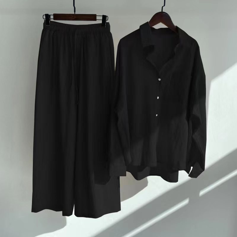 Cross-border  Women's 2-piece Vintage Plus Size 2022 Cotton and Linen Shirt Set High Waist Loose Trousers_voghion.com