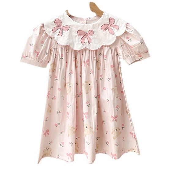 Korean Children's Wear Bow Embroidered Flower Collar Girl's Dress 2024 Summer Bear Print Short-sleeved Princess Dress