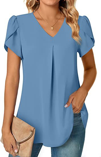 2023 Amazon Independent Station Explosions Women's Fashion Chiffon Shirt V-Collar Lotus Leaf Short Sleeve Waist Top in stock