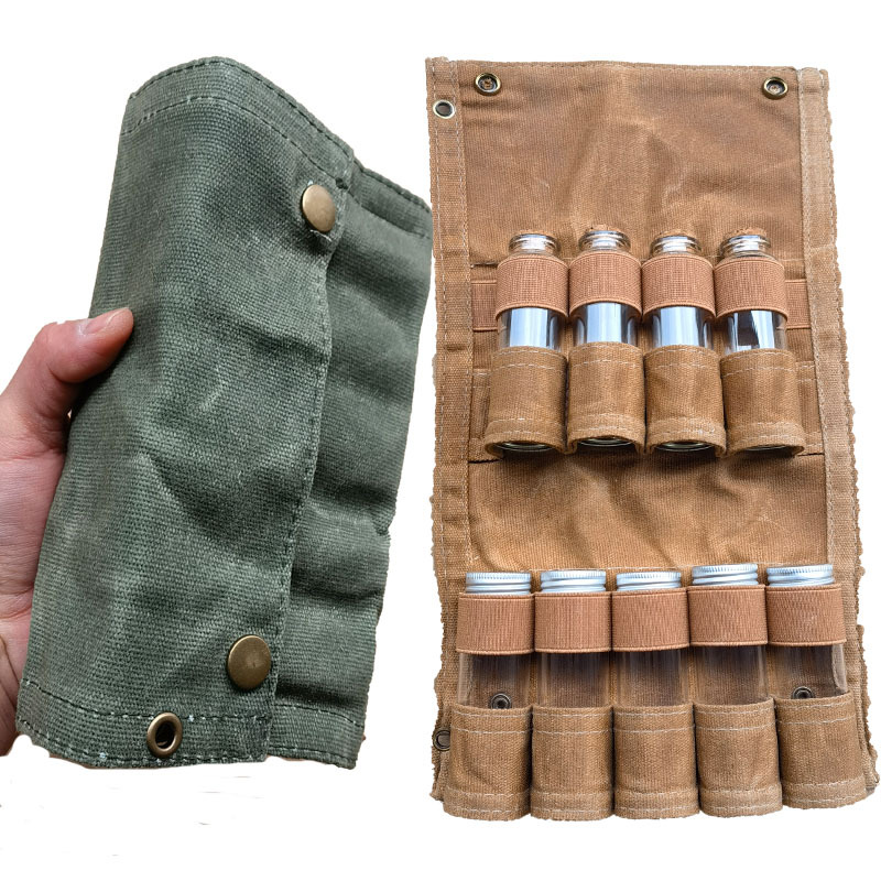 Outdoor Camping Seasoning Bottle Storage Bag 9 Glass Bottle Barbecue Seasoning Bottle Combination Set Canvas Storage Bag