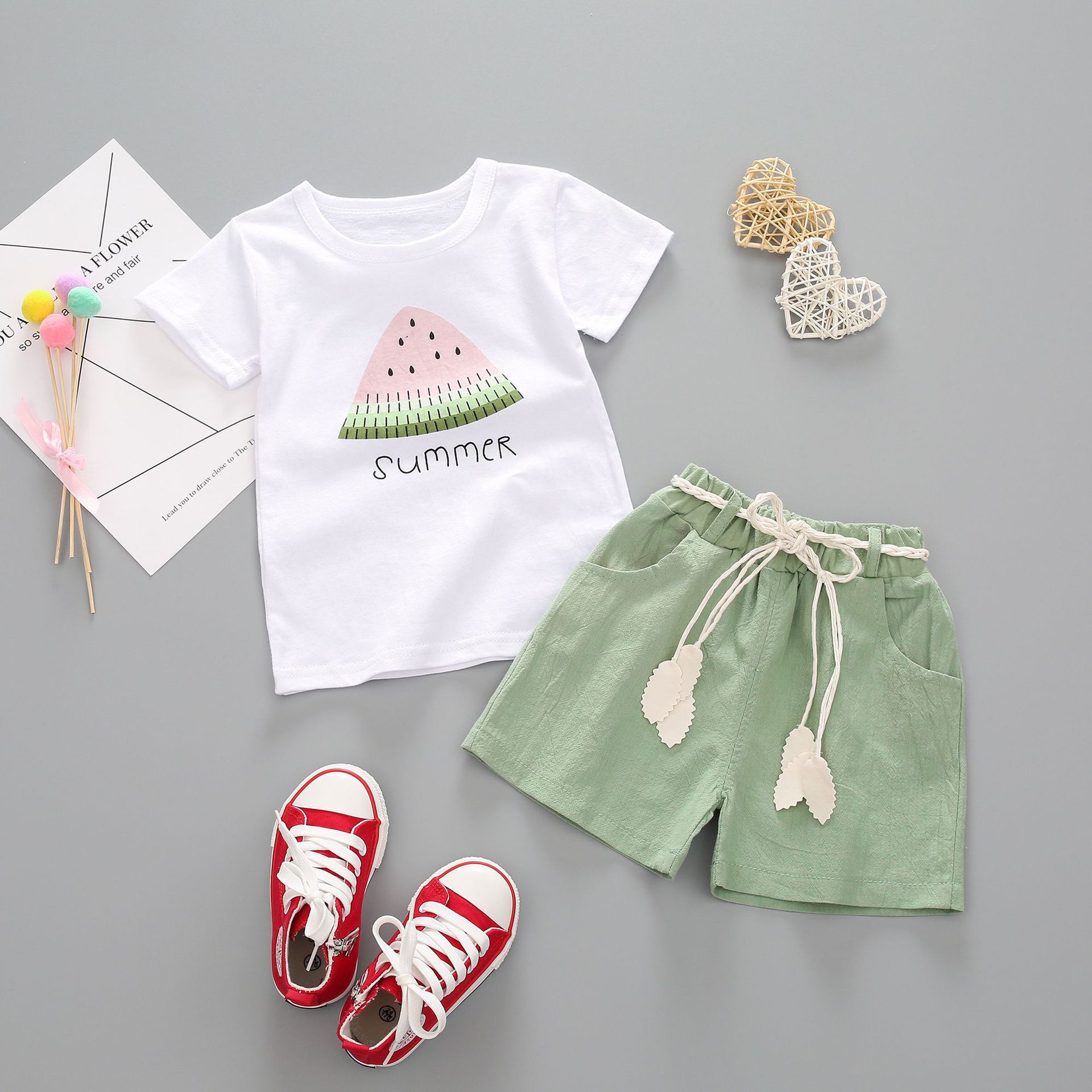 Girls' Summer Short-sleeved Suit 2023 New Arrival Korean Style Girls' Watermelon Short-sleeved T-shirt Shorts Baby Two-piece Trendy Set