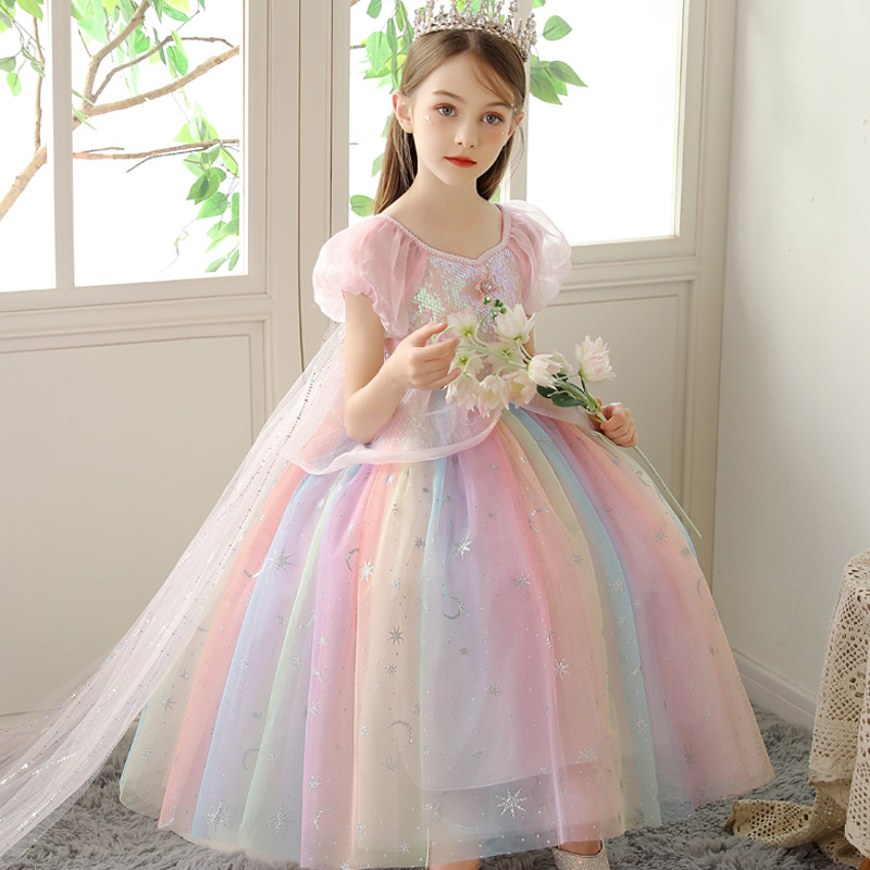2025 New Summer Princess Aisha Dress Pink Colorful Short Sleeve Children's dress Girls Performance Dress