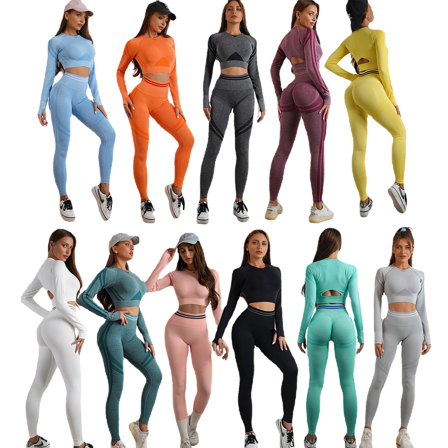 European and American Seamless Yoga Clothing Long Sleeve Top Pants Sports Hip Yoga Pants Autumn and Winter Fitness Clothing Women's Fitness suit