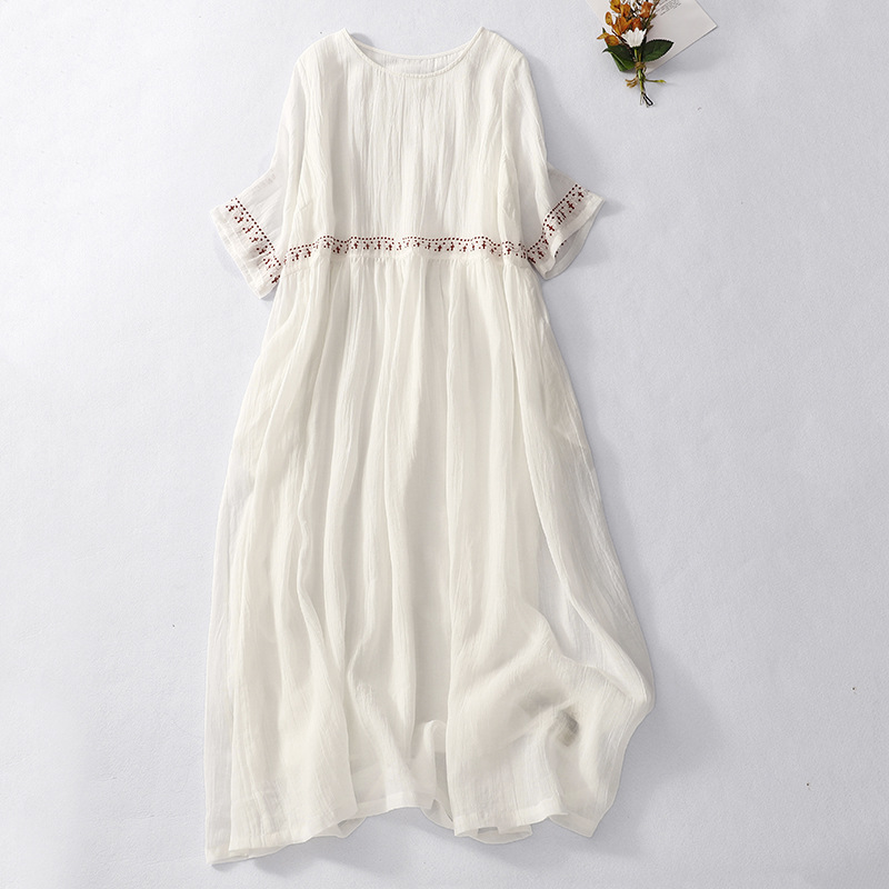 2024 summer new ramie artistic retro loose embroidered simple temperament dress for fat girls (without lining)