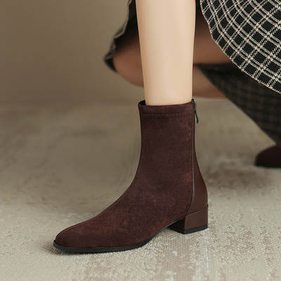 32-43 size boots suede mid heel fashion boots stitching chunky heel short boots for women autumn and winter new women's boots