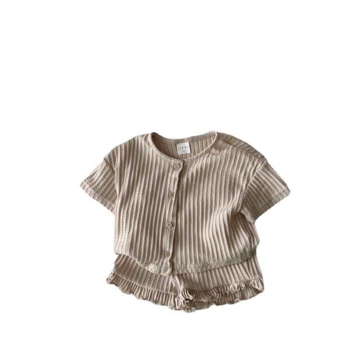 South Korea ins summer children's clothing suit new men's and women's baby striped knitted short-sleeved cardigan jacket shorts two-piece set