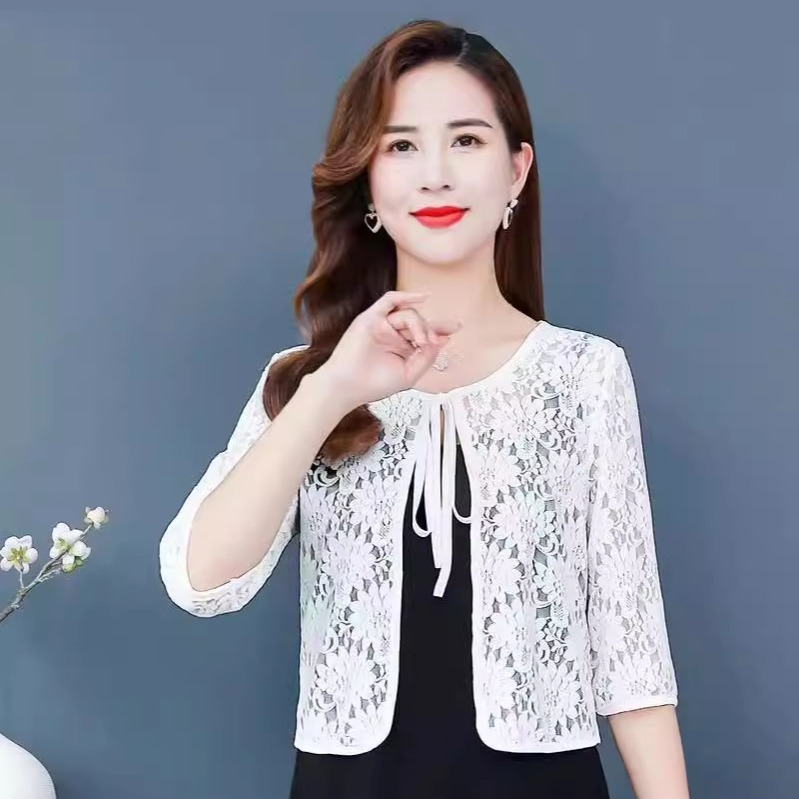 2024 Spring Summer Autumn Outer Shawl Lace Women's Loose Slimming Large Size Hollow Out Sunscreen Short All-Match Small Shawl