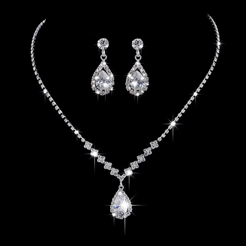 Korean-style bridal jewelry rhinestone necklace women's earrings two-piece set simple suit wedding yarn dress all-match accessories