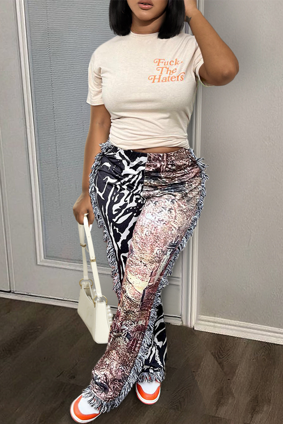 European and American 2023 Amazon cross-border autumn new casual fashion color pattern tassel velvet pants + T-shirt suit women
