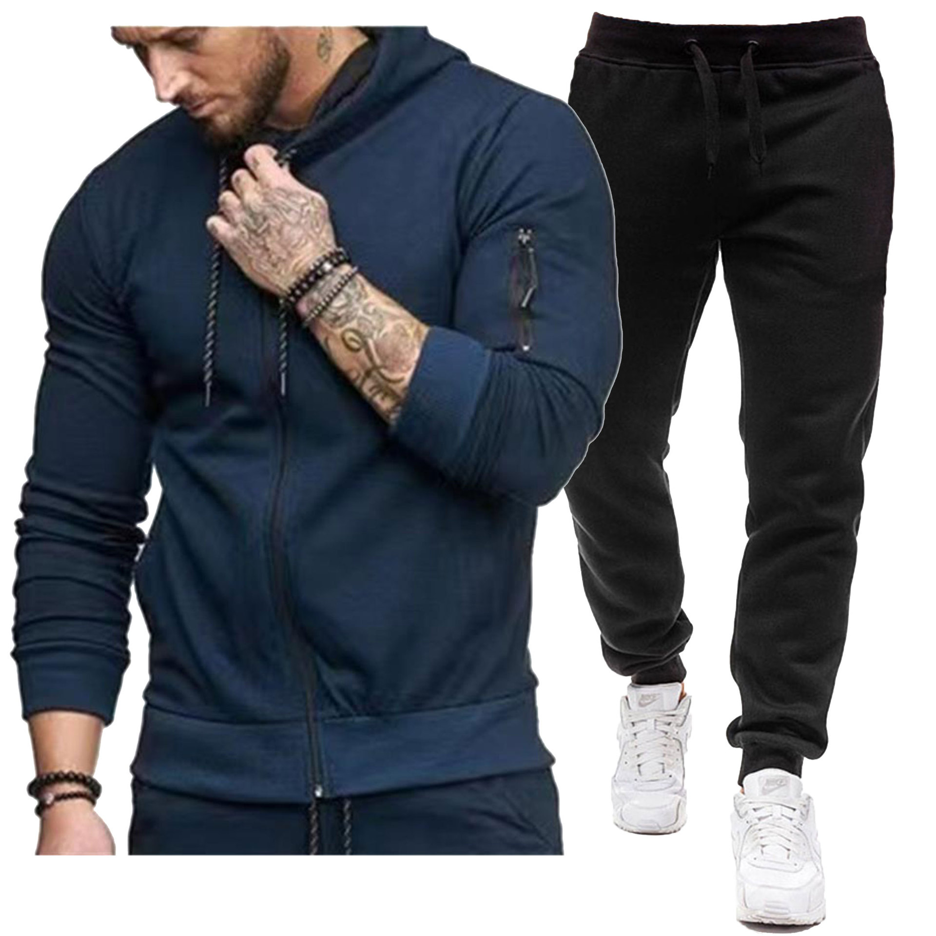 Cross-border muscle fashion European and American leisure sportswear autumn new hooded cardigan sweater suit men