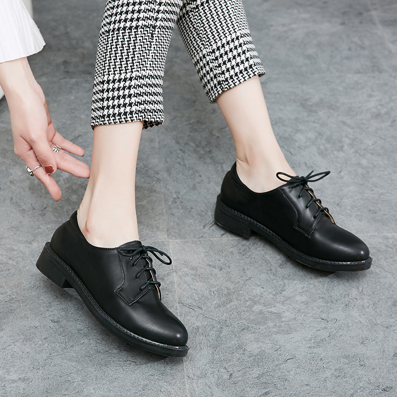 Lace-up British Style Loafers 2024 New Brock Small Leather Shoes Women's Round Head Soft Leather Thick Heel Casual Single-layer Shoes for Women