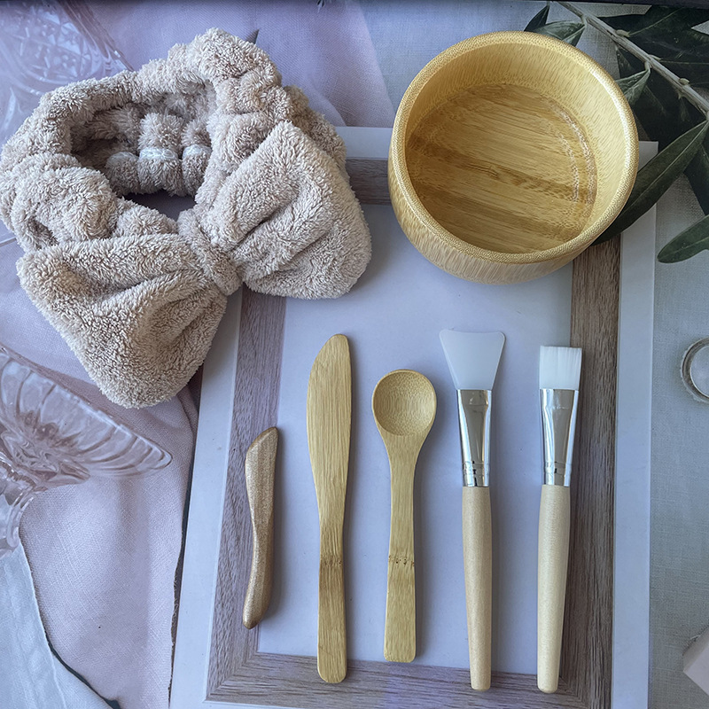 Bamboo Bowl Mask Bowl Mixing Knife Beauty Spoon Brush suit Household Beauty Diy Mask Tool Four-piece Set