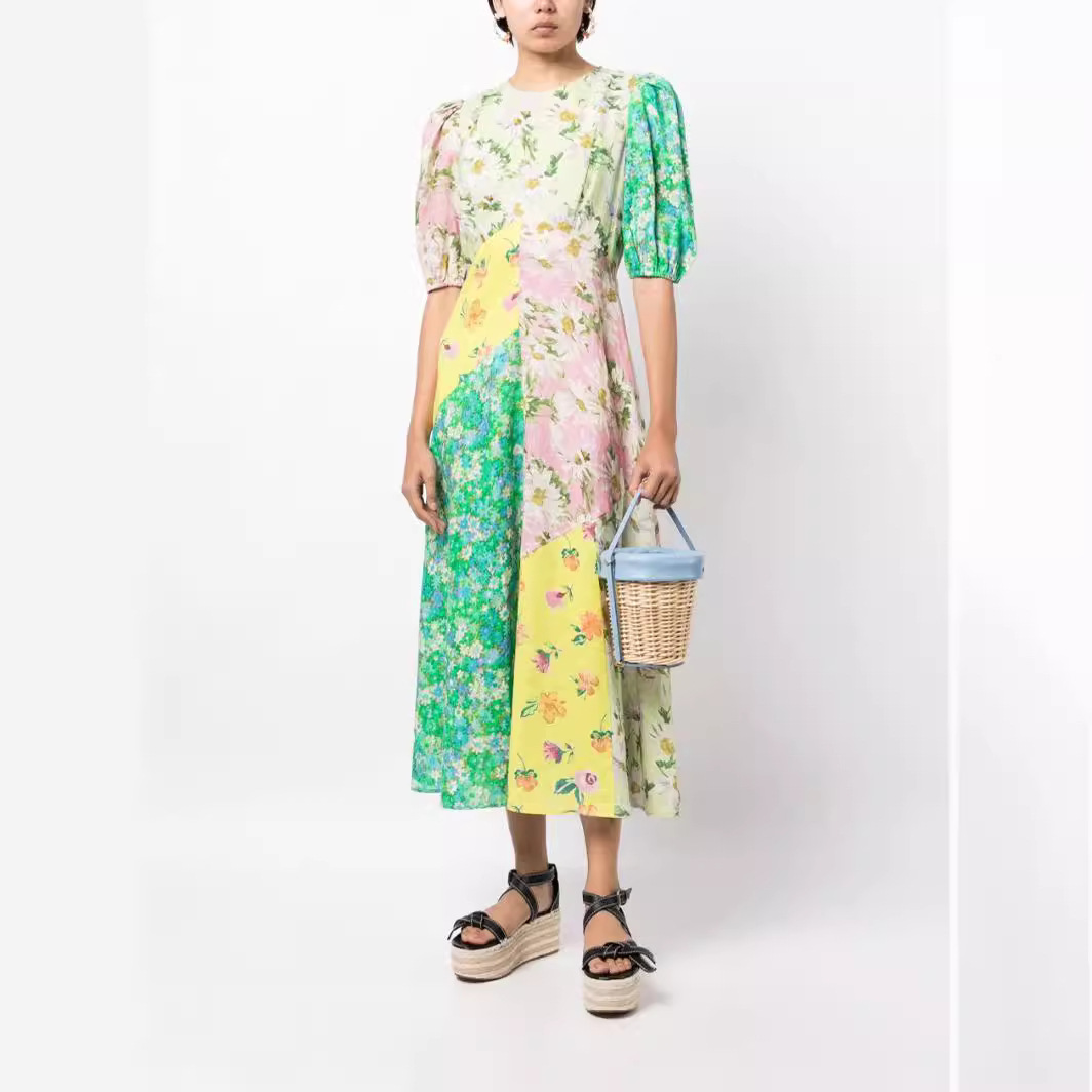 European and American cross-border 2024 New AliExpress independent station printing fashion puff sleeve all-match slim fit large swing dress