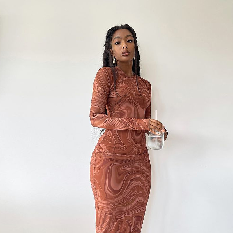 European and American-style tight-fitting mid-length dress round neck long sleeve printed hip wrap skirt pullover foreign trade dress vintage dress