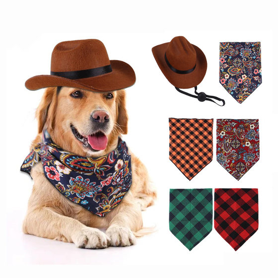 Cross-border New Pet Hat Set Vintage Triangle Towel Pet Accessories Cat Dog Western Cowboy Hat