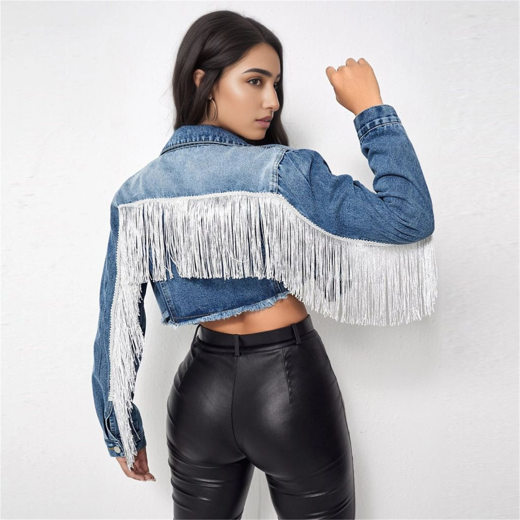 S112# Cross-border foreign trade denim jacket women SHEIN with fashion tassel stitching old denim jacket women