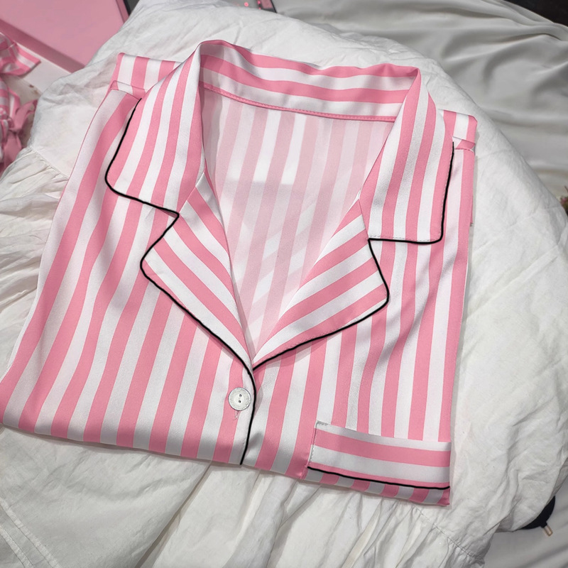 Simple ice silk pajamas women's summer new short sleeve pink stripes can be worn high-end sense home clothes suit wholesale