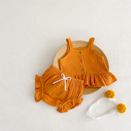 Spot ins Baby Summer Candy Color Baby Clothes Baby Breathable Cotton and Linen Sling Fart-wrapped Pants Two-piece Set
