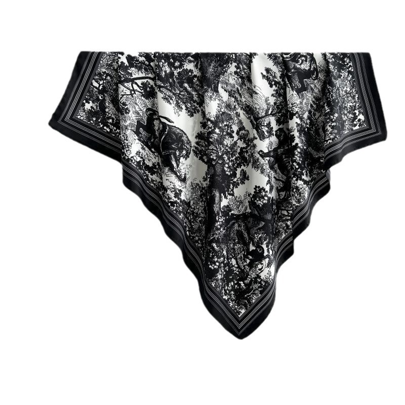 Autumn and winter all-match shawl animal printed black and white simple large square 90*90CM imitation silk twill silk scarf for women