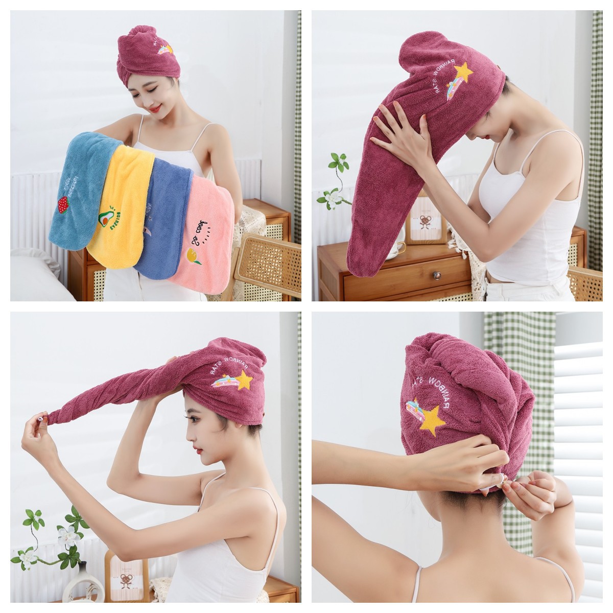 Factory wholesale coral fleece dry hair cap double thick shampoo wrap head absorbent embroidery triangle cap a generation of hair