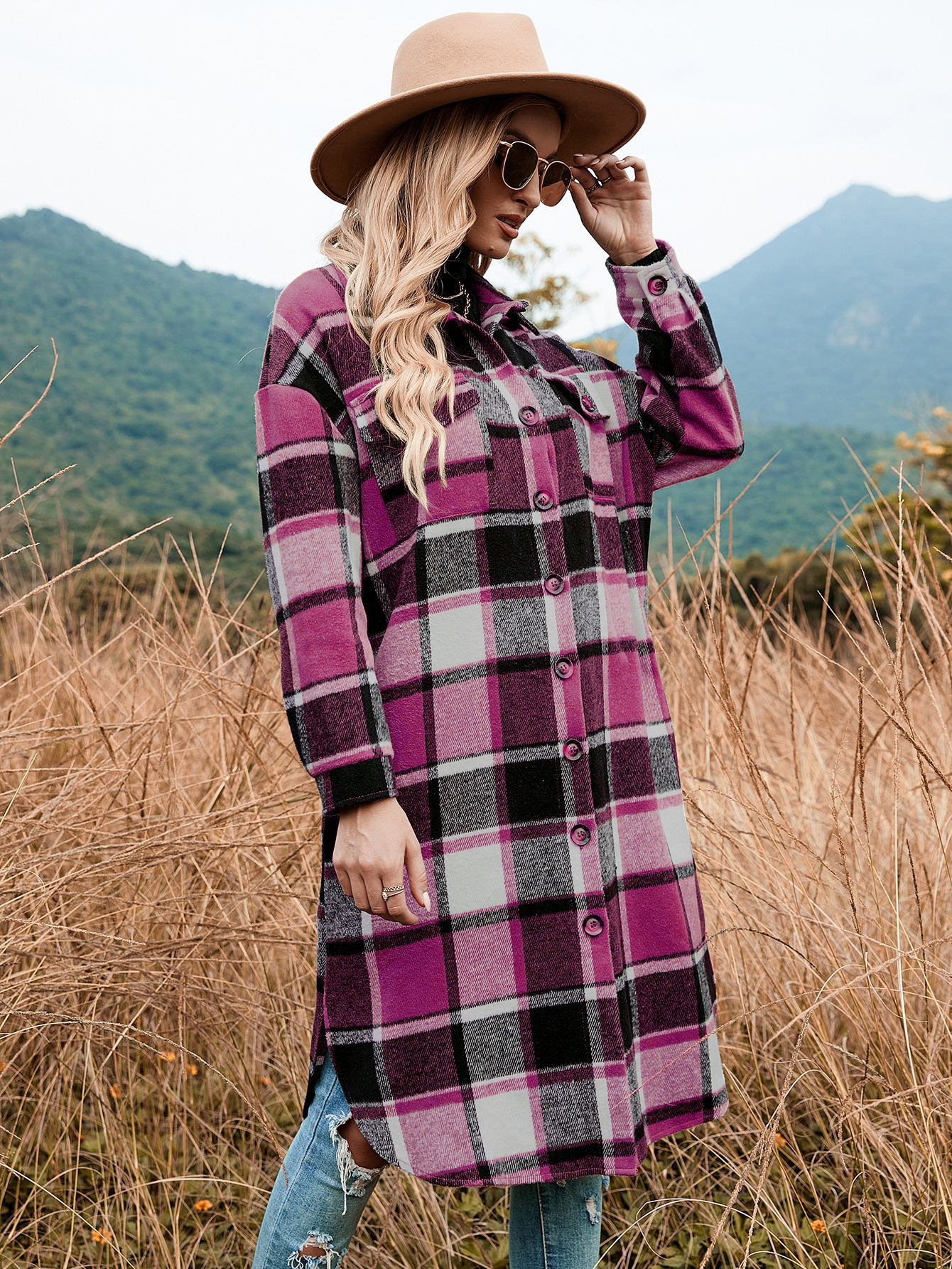 2022 autumn and winter European and American temperament windbreaker coat side slit lapel loose woolen plaid shirt coat in stock_voghion.com