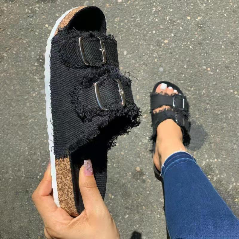 Cross-border Large Size 2021 Summer Unique New European and American Casual Denim Solid Color Canvas Buckle Two-character Flat Slippers with Buckle