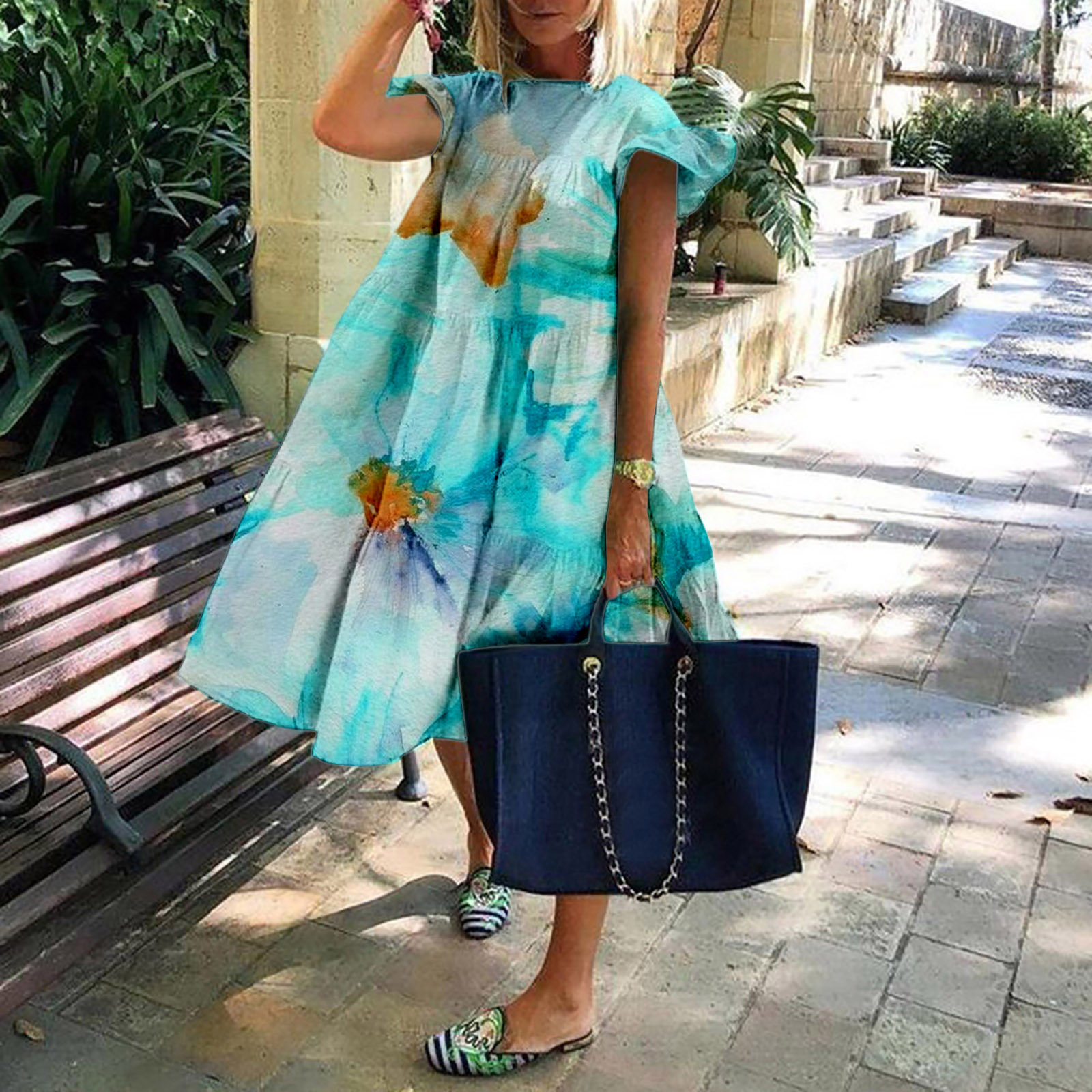 2024 spring and summer hot European and American ebay AliExpress wish round neck flower fashion short sleeve loose dress