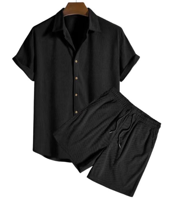 European and American AliExpress Foreign Trade Independent Station Men's Casual Loose Multi-color Beach Wear Corduroy Short-sleeved Set Two-piece Set