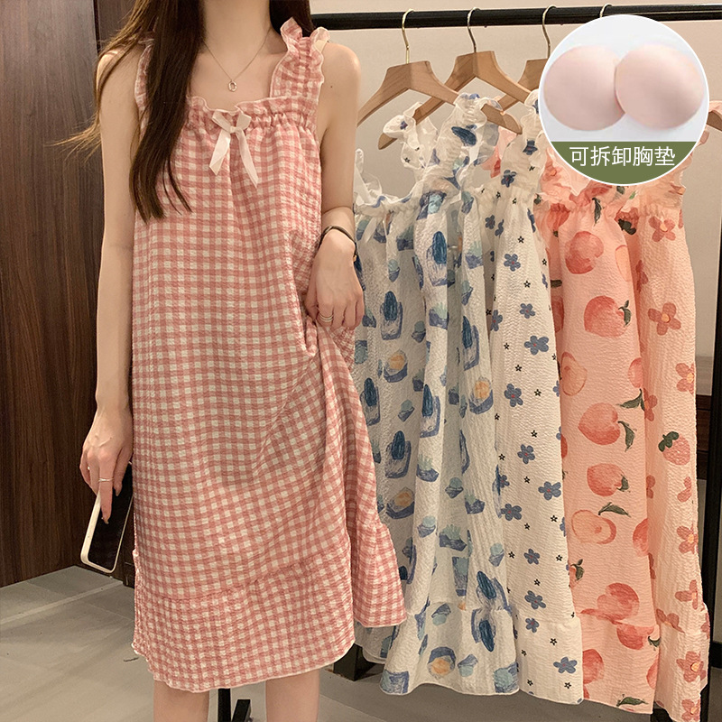 Cross-border Pajamas Women's Summer Sweet ins Style Bubble Cotton Thin Style with Chest Pad Sling Nightgown Outdoor Wear