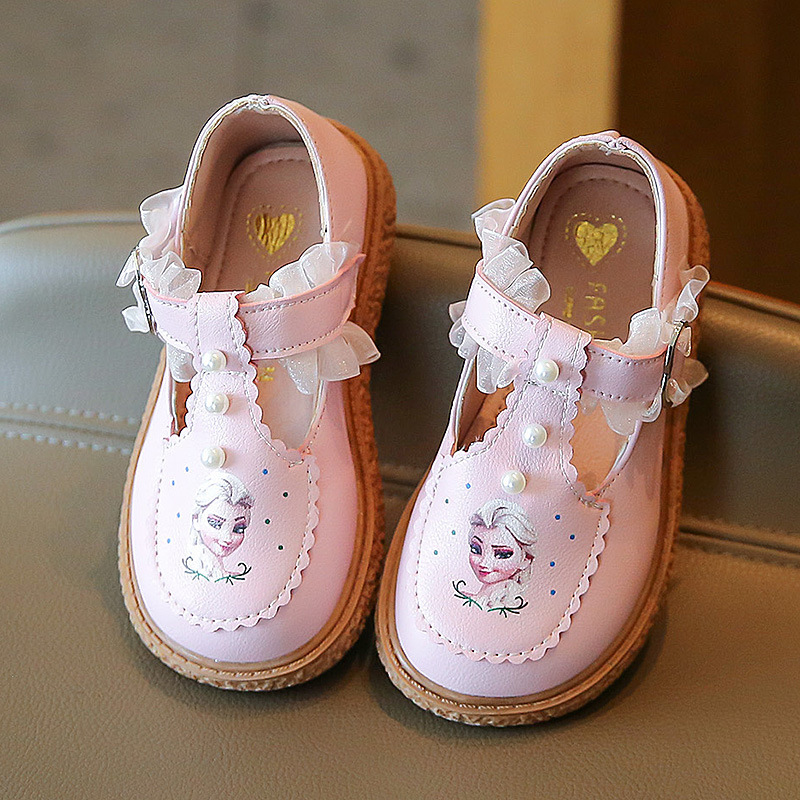 2024 Spring and Autumn New girls' lace leather shoes student soft bottom princess shoes non-slip peas shoes baby toddler shoes