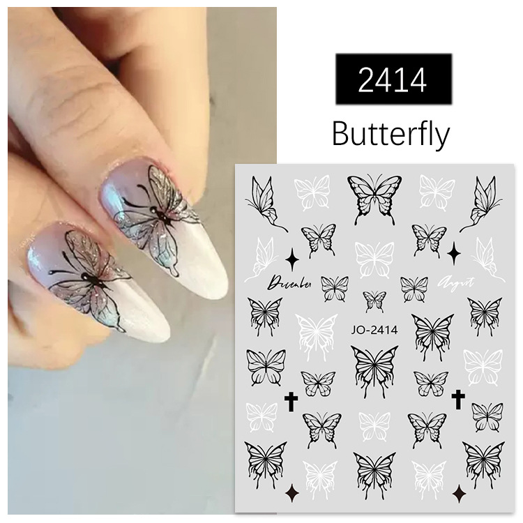 Nail stickers ultra-thin black and white hand painted butterfly ins style dark black strap glue flexible butterfly nail stickers decorations