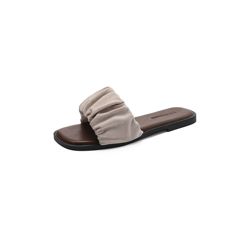 Slippers Women's Summer Outerwear 2023 New French Style Pleated Slide Flat Square Toe Fairy Sandals ins Trendy