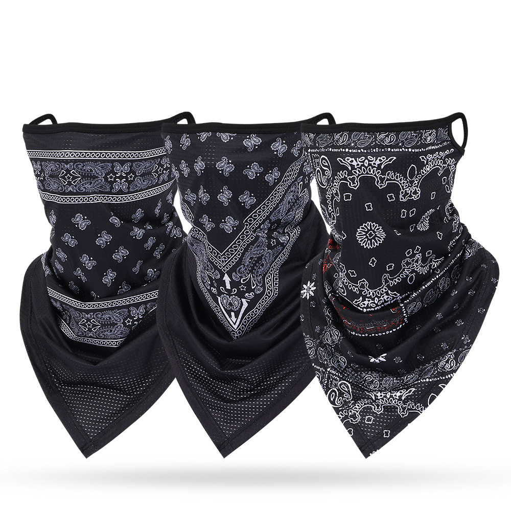 Ice Silk Mesh Hanging Ear Triangle Scarf Breathable Riding Sunscreen Mask Men's and Women's Fashionable Outdoor Headgear Cashew Flower Scarf