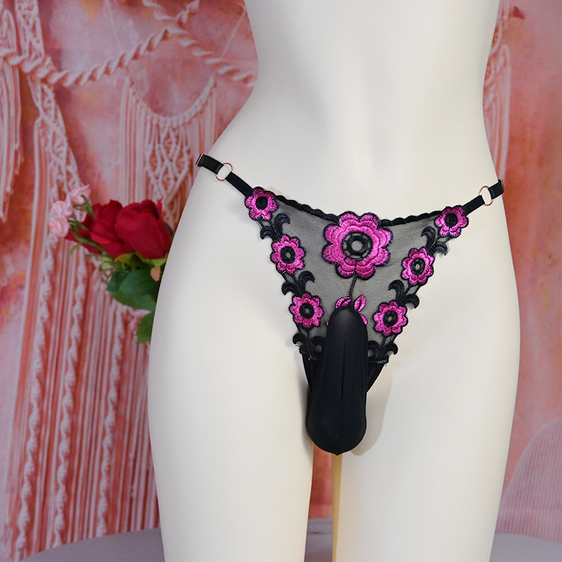 Sexy Sexy Underwear Thong T Pants Transparent Embroidered Low Waist Men's Blossom Egg Bag See-through Mesh Allure Red
