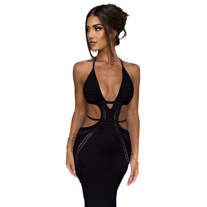 European and American ins Style Hot Sale New Sexy Street Style Pure Desire Hanging Neck Wrap Chest Hollow Stitching Lace-Up Dress for Women