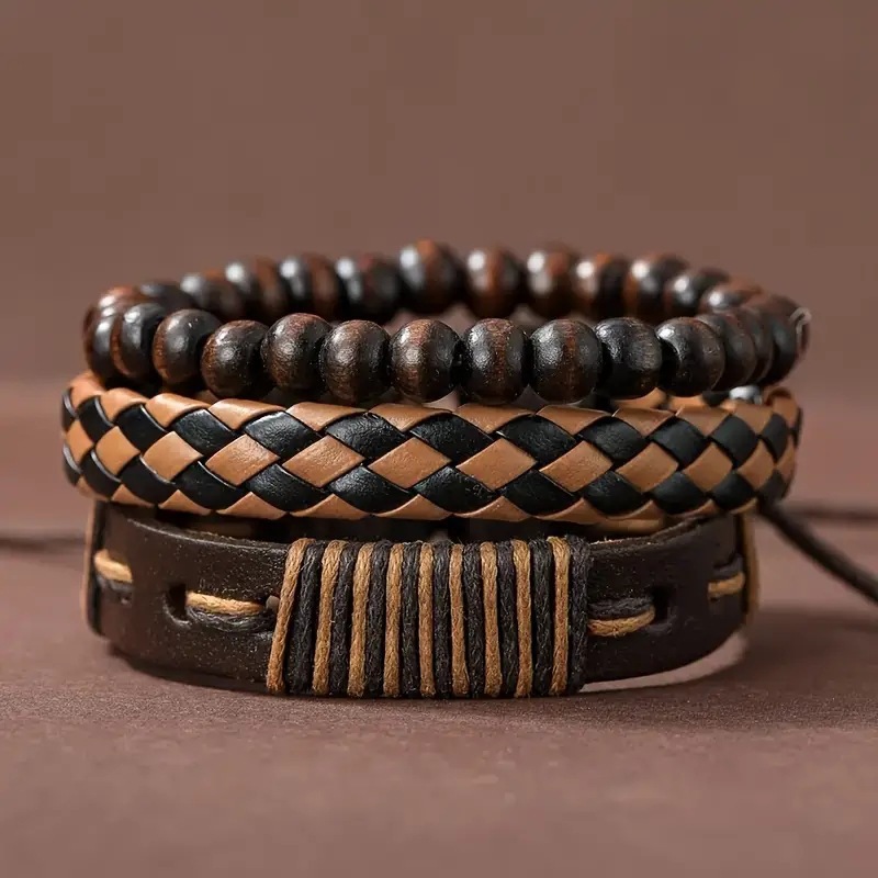 4 pcs/set Men's New Watch set Fashionable All-match Quartz Watch + All-match Beaded Woven Bracelet