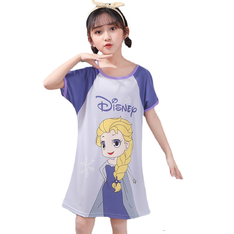 Children's Nightdress Girls' Pajamas Summer Short-sleeved Baby Thin Korean-style Little Girl's Cartoon Mid-size Big Children's Home Dress Skirt